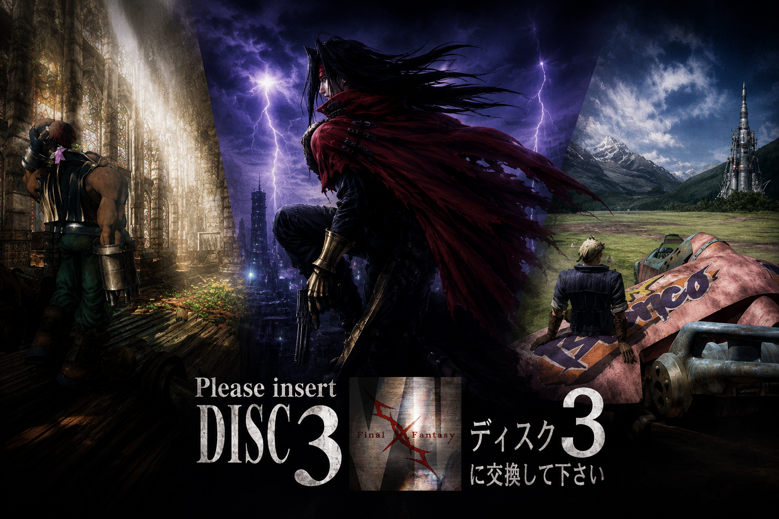 Montaje de Final Fantasy VII con Vincent Valentine y las pantallas originales "Please Insert Disc 3" del juego de PlayStation relacionado con el nuevo tráiler de FFVII
