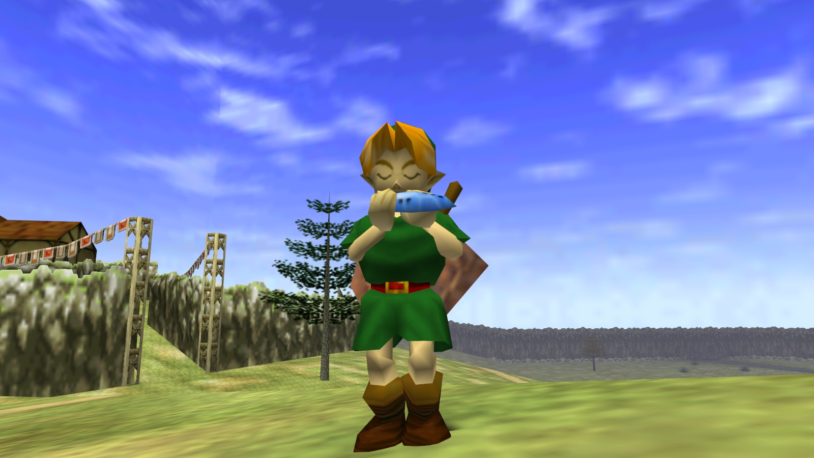 Link toca la Ocarina del Tiempo en The Legend of Zelda Ocarina of Time.