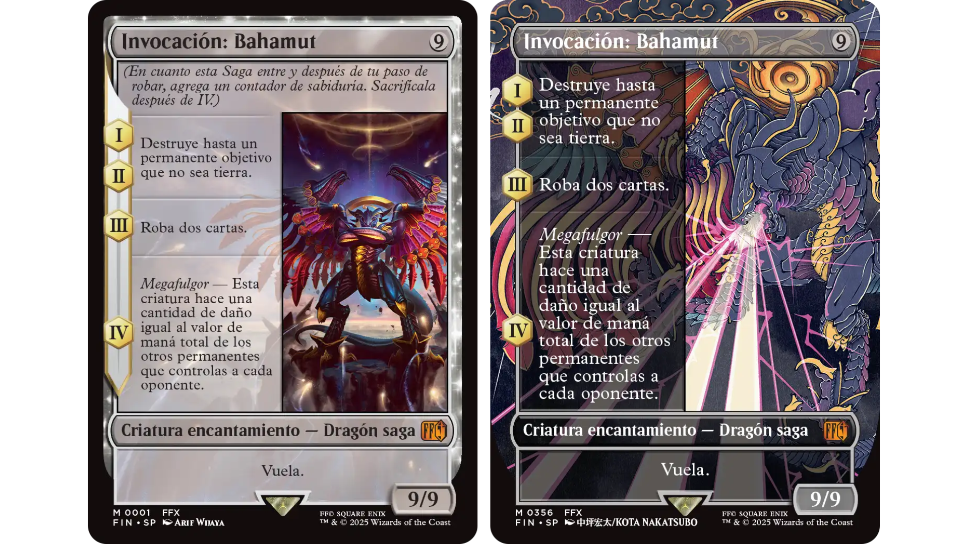 Comparativa entre la versión estándar y la versión de arte completo de la carta Invocación: Bahamut de Magic: The Gathering – Final Fantasy.