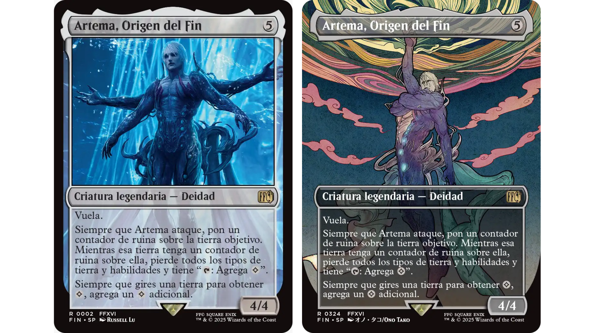 Comparativa entre la versión estándar y la versión de arte completo de la carta Artema, Origen del Fin de Magic: The Gathering – Final Fantasy.