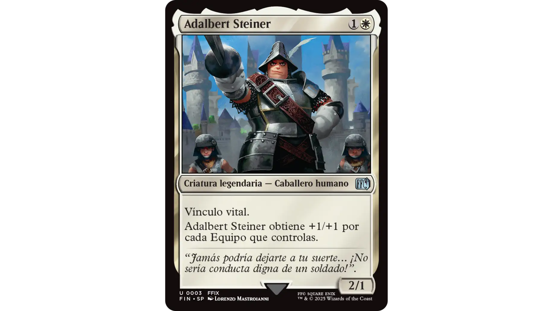 Comparativa entre la versión estándar y la versión de arte completo de la carta Adalbert Steiner de Magic: The Gathering – Final Fantasy.