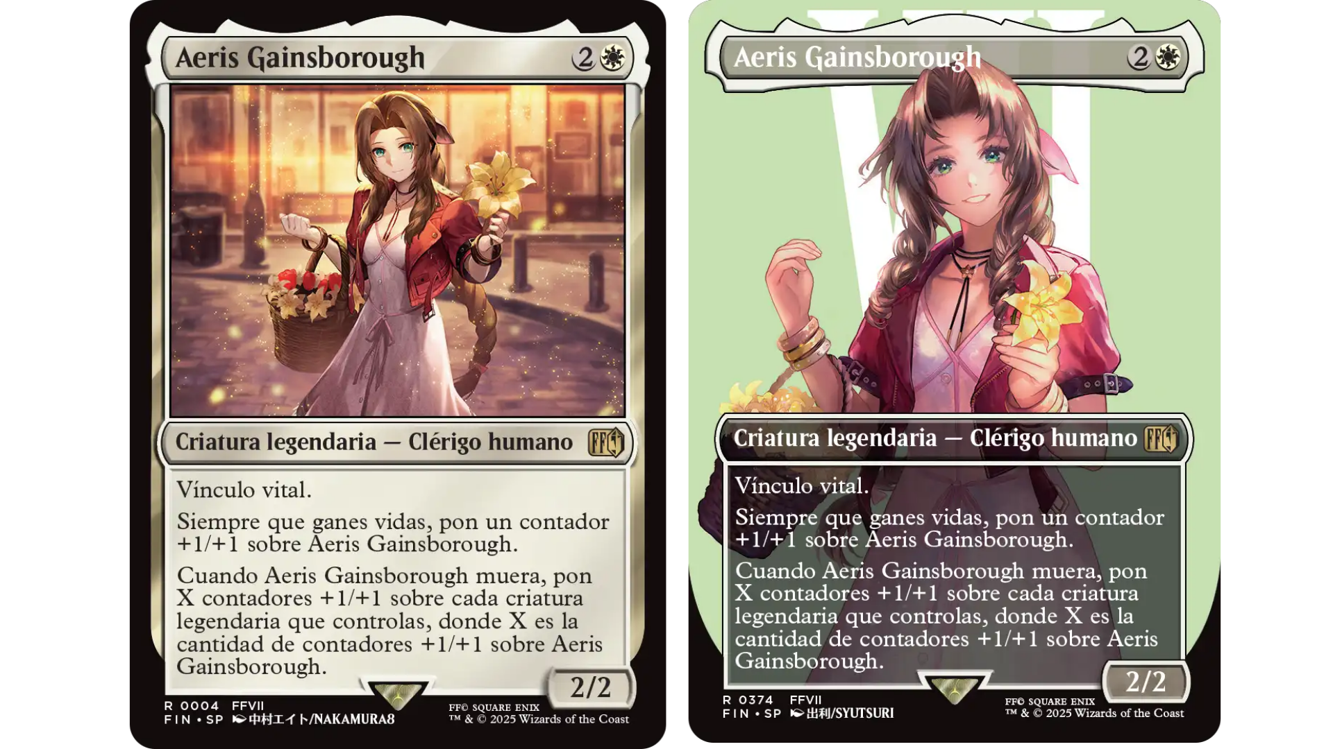 Comparativa entre la versión estándar y la versión de arte completo de la carta Aeris Gainsborough de Magic: The Gathering – Final Fantasy.