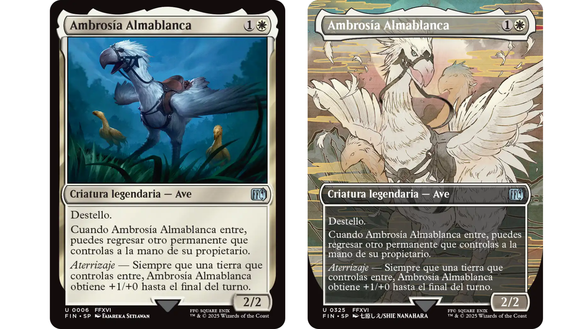 Comparativa entre la versión estándar y la versión de arte completo de la carta Ambrosía Almablanca de Magic: The Gathering – Final Fantasy XVI.
