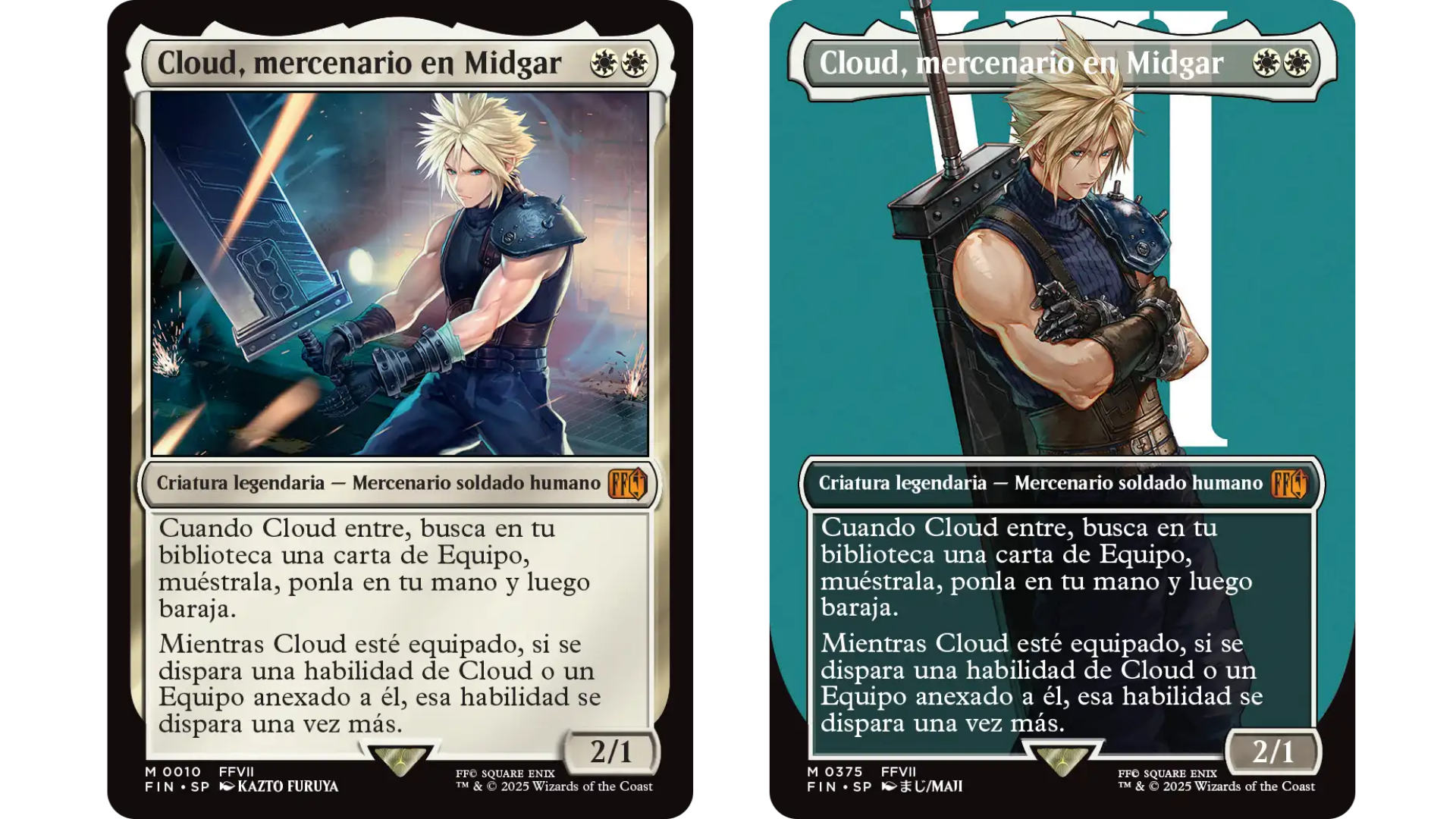 Carta de Cloud, mercenario en Midgar de Magic: The Gathering Final Fantasy VII con Cloud empuñando la Espada Mortal en Midgar.
