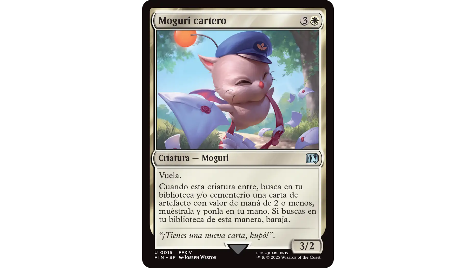 Carta Moguri cartero de Magic: The Gathering Final Fantasy XIV mostrando a un moguri repartiendo cartas con uniforme de cartero.