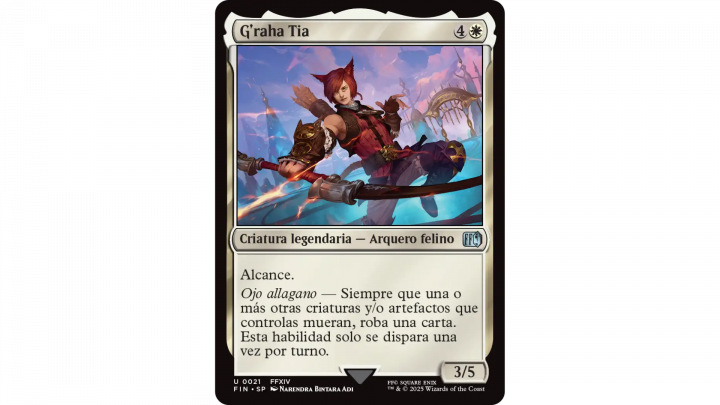 Carta G'raha Tia de Magic: The Gathering x Final Fantasy XIV. El arquero felino aparece tensando su arco en un escenario de ruinas, representando al personaje de FFXIV y su capacidad para aprender de los sacrificios de sus aliados.