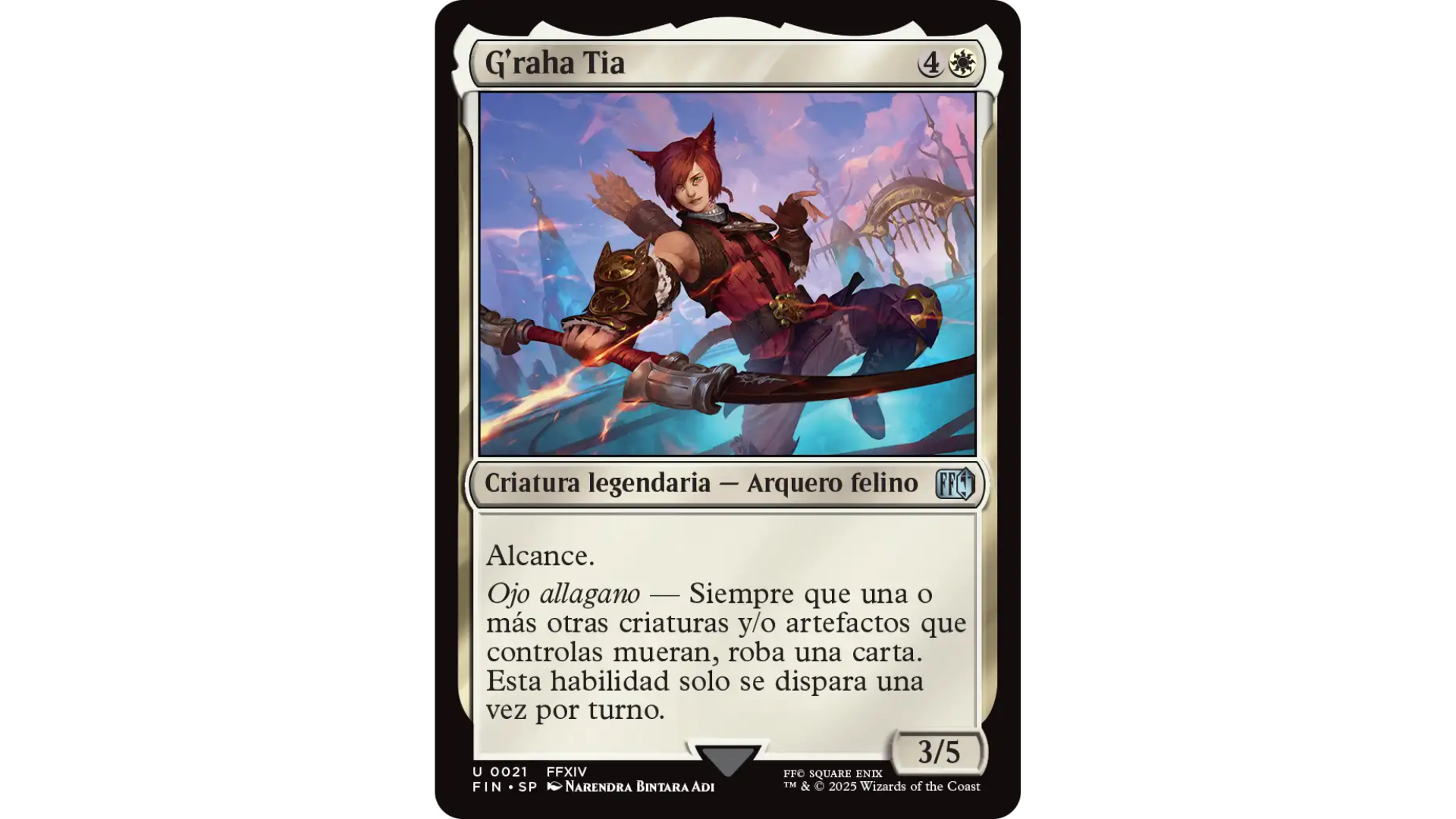 Carta G'raha Tia de Magic: The Gathering x Final Fantasy XIV. El arquero felino aparece tensando su arco en un escenario de ruinas, representando al personaje de FFXIV y su capacidad para aprender de los sacrificios de sus aliados.