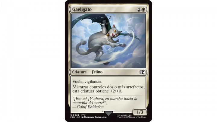 Carta Gaeligato de Magic: The Gathering x Final Fantasy V. Un gato blanco con alas oscuras vuela entre las nubes, representando a la criatura que ayuda al grupo de Galuf a alcanzar la Montaña del Norte.