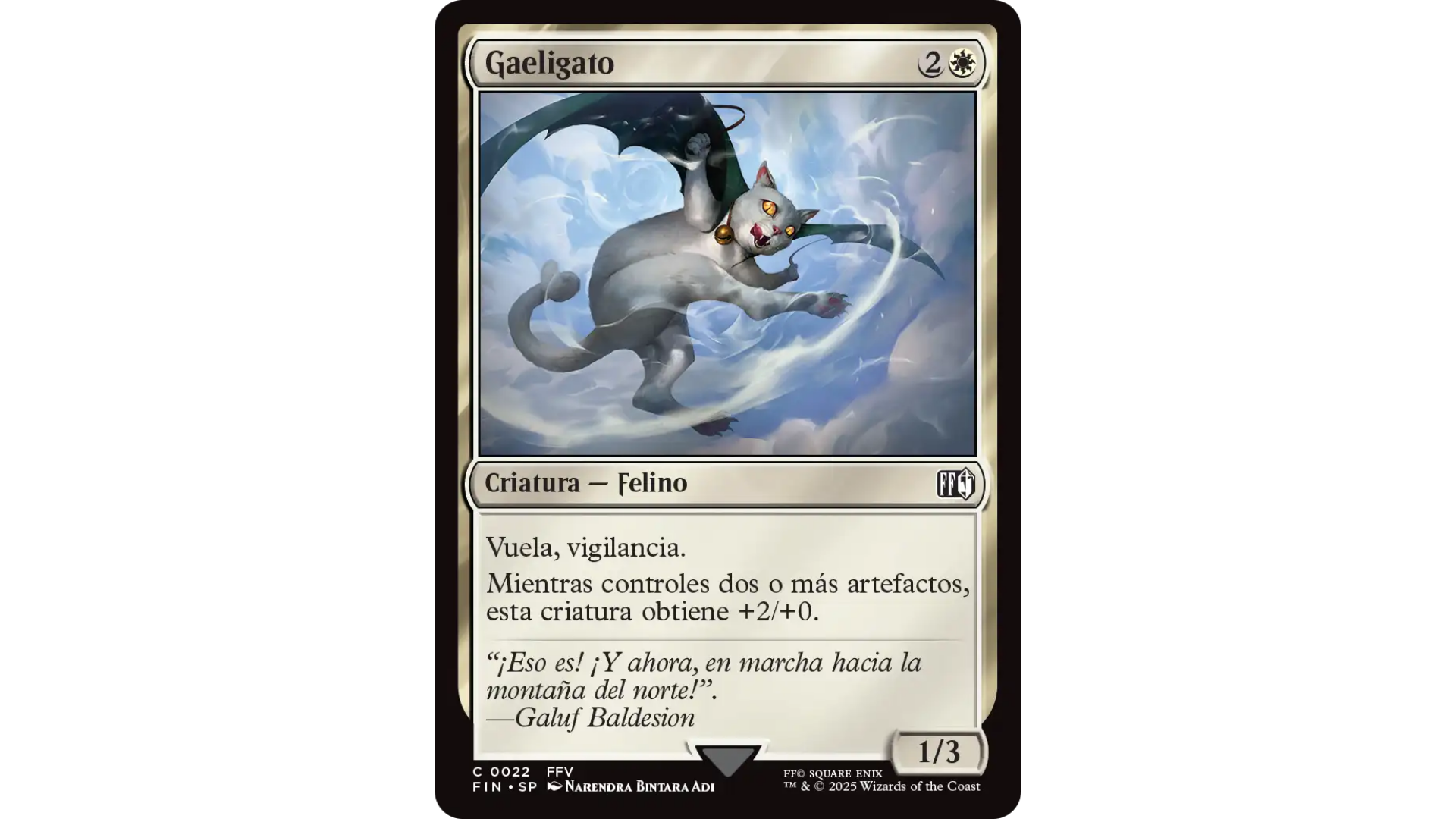 Carta Gaeligato de Magic: The Gathering x Final Fantasy V. Un gato blanco con alas oscuras vuela entre las nubes, representando a la criatura que ayuda al grupo de Galuf a alcanzar la Montaña del Norte.