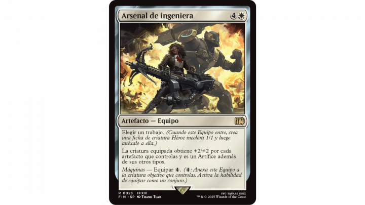 Carta Arsenal de ingeniera de Magic: The Gathering x Final Fantasy XIV. Una ingeniera empuña una enorme ballesta mecánica mientras un autómata de combate lucha entre explosiones, representando el trabajo de Maquinista del MMORPG.