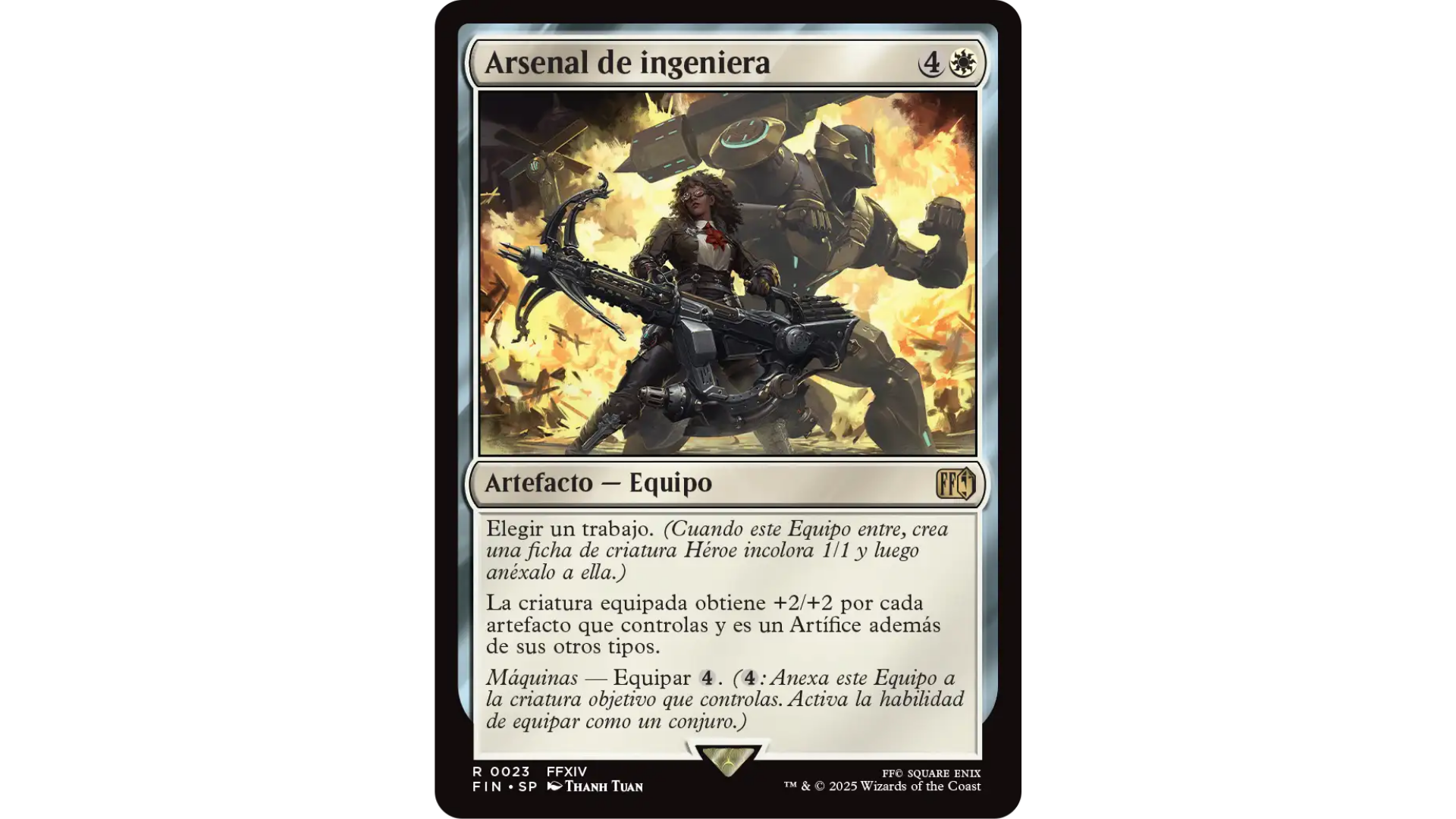 Carta Arsenal de ingeniera de Magic: The Gathering x Final Fantasy XIV. Una ingeniera empuña una enorme ballesta mecánica mientras un autómata de combate lucha entre explosiones, representando el trabajo de Maquinista del MMORPG.