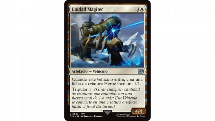 Carta Unidad Magitec de Magic: The Gathering x Final Fantasy VI. Un blindado Magitek del Imperio Gestahl dispara un rayo mágico mientras avanza sobre un paisaje nevado, representando la tecnología militar del imperio.