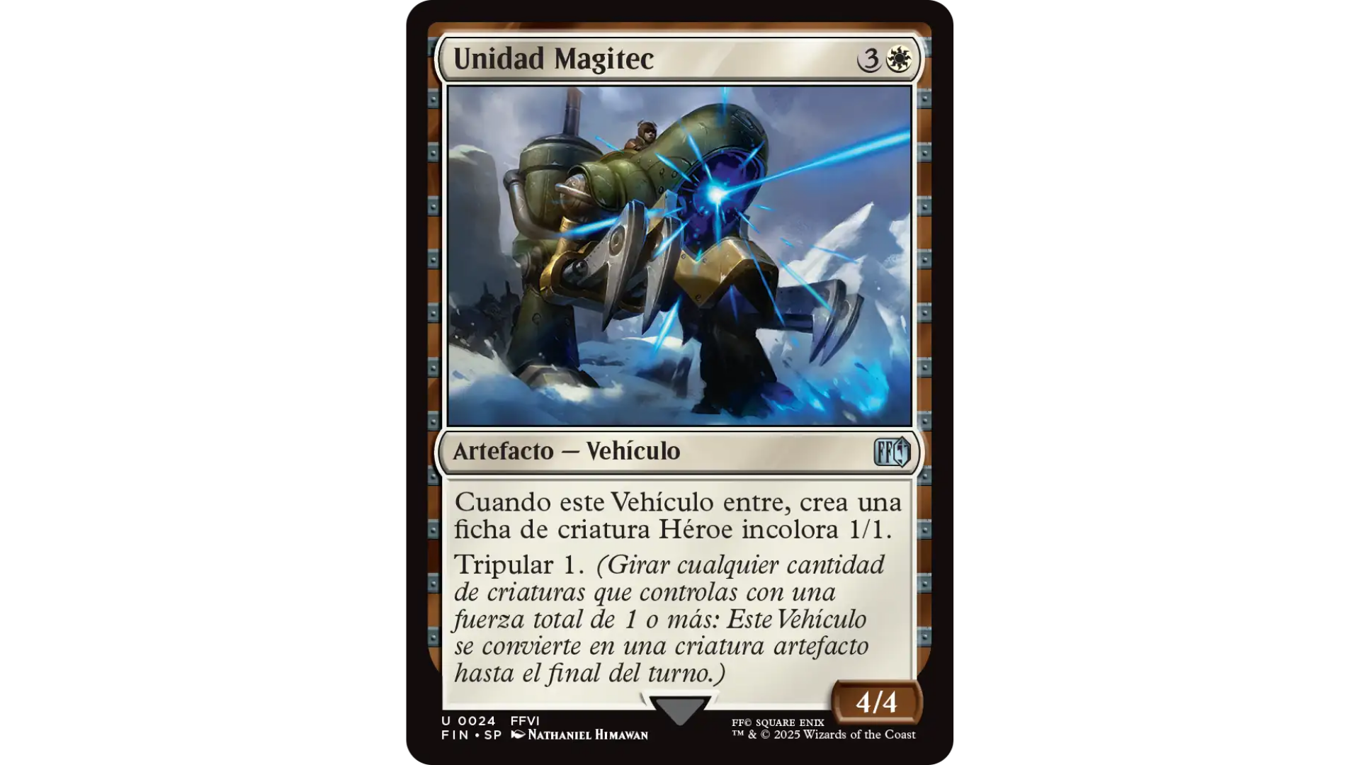 Carta Unidad Magitec de Magic: The Gathering x Final Fantasy VI. Un blindado Magitek del Imperio Gestahl dispara un rayo mágico mientras avanza sobre un paisaje nevado, representando la tecnología militar del imperio.