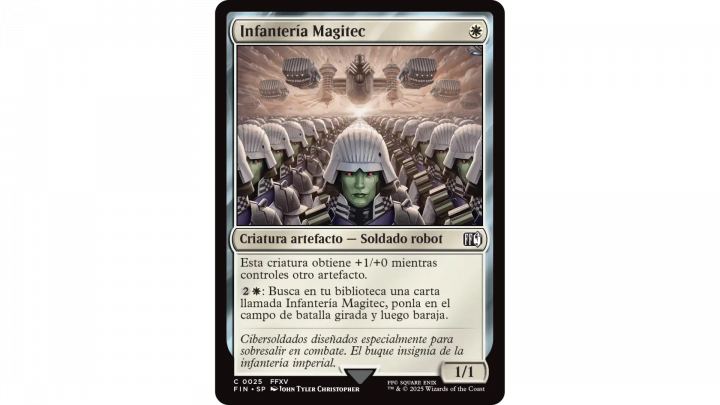 Carta Infantería Magitec de Magic: The Gathering Final Fantasy. La ilustración muestra una formación de soldados Magitek del Imperio de Niflheim avanzando en perfecta formación, con aeronaves imperiales sobrevolando el campo de batalla.