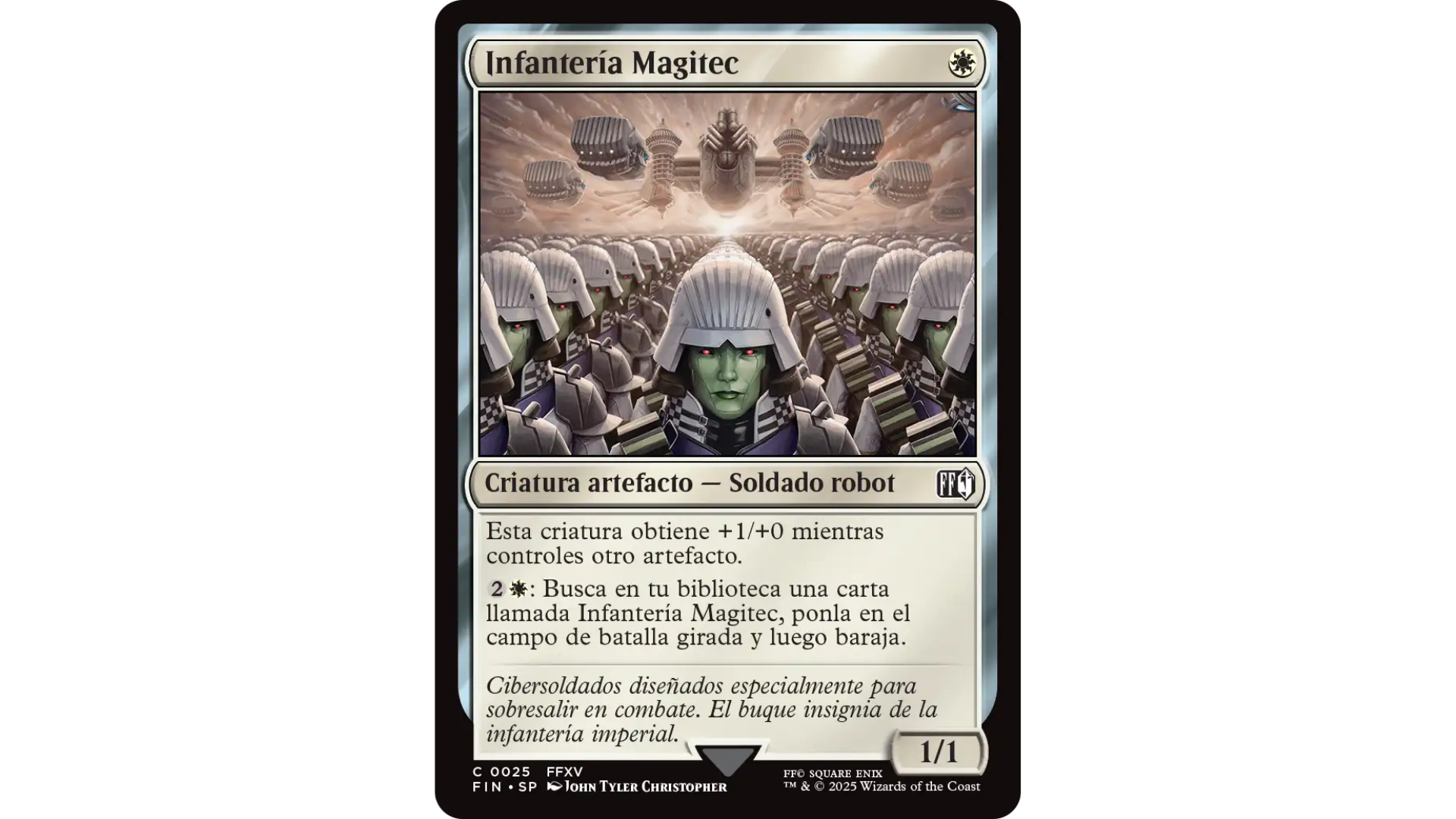 Carta Infantería Magitec de Magic: The Gathering Final Fantasy. La ilustración muestra una formación de soldados Magitek del Imperio de Niflheim avanzando en perfecta formación, con aeronaves imperiales sobrevolando el campo de batalla.