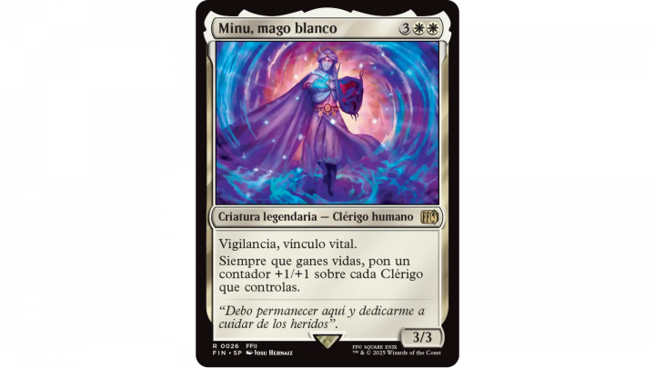 Carta Minu, mago blanco de Magic: The Gathering Final Fantasy. La ilustración muestra al legendario mago blanco de Final Fantasy II rodeado por un aura mágica azul y púrpura, con escudo y atuendo de clérigo. La carta tiene vigilancia, vínculo vital y potencia a todos los clérigos cuando su controlador gana vidas.