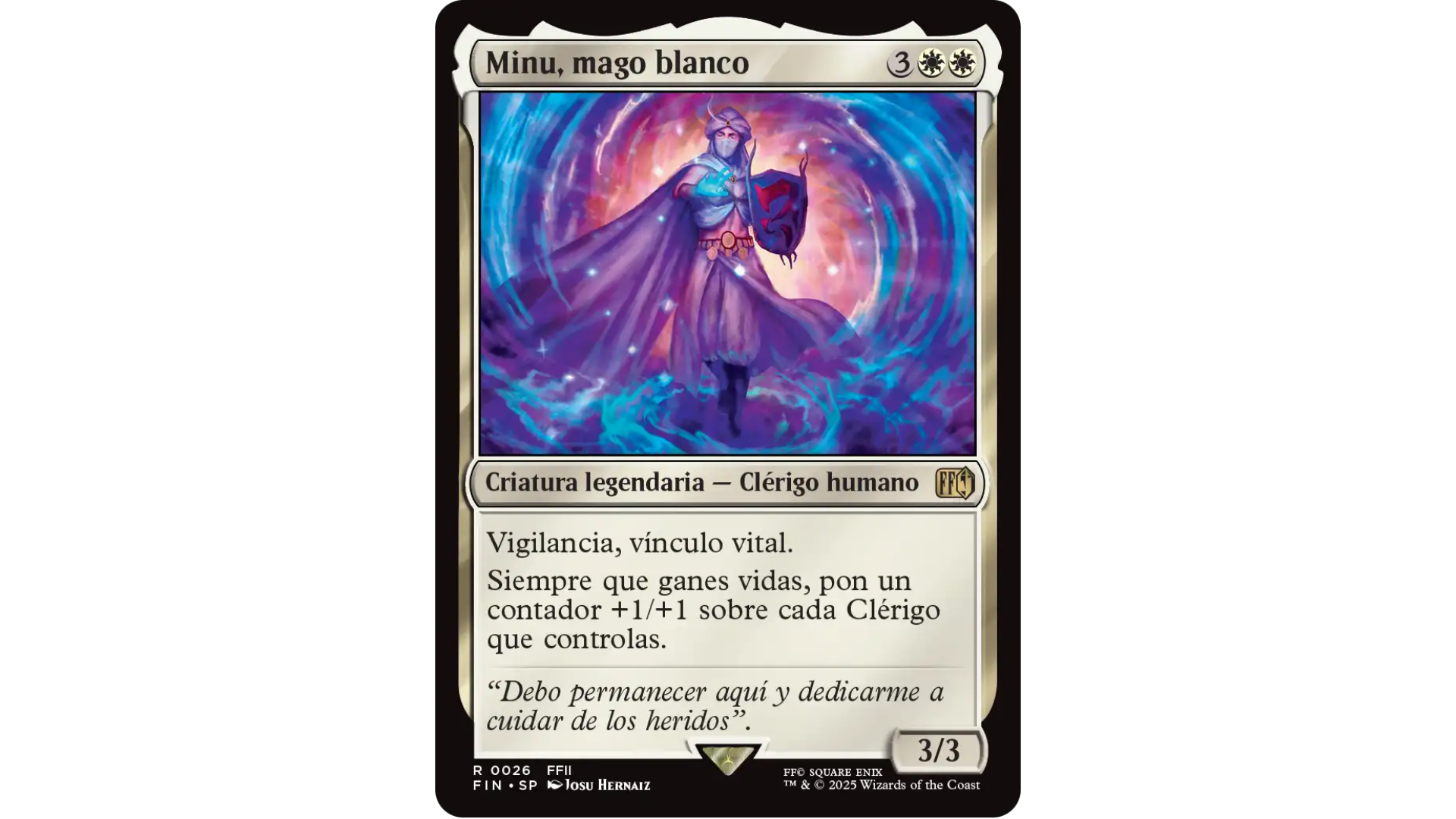Carta Minu, mago blanco de Magic: The Gathering Final Fantasy. La ilustración muestra al legendario mago blanco de Final Fantasy II rodeado por un aura mágica azul y púrpura, con escudo y atuendo de clérigo. La carta tiene vigilancia, vínculo vital y potencia a todos los clérigos cuando su controlador gana vidas.
