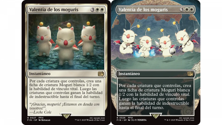 Carta Valentía de los moguris de Magic: The Gathering Final Fantasy. La ilustración muestra a tres moguris de Final Fantasy VI colocados en formación y dispuestos a ayudar a los héroes. La carta crea fichas de moguri con vínculo vital y concede indestructible a todas las criaturas hasta el final del turno.