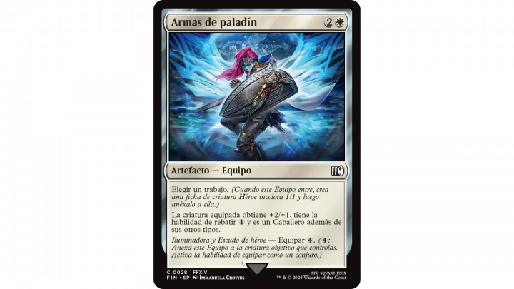 Carta Armas de paladín de Magic: The Gathering Final Fantasy. La ilustración muestra a un paladín de Final Fantasy XIV con armadura, espada y un gran escudo, rodeado de energía azul. La carta es un artefacto de equipo que aumenta las estadísticas de una criatura, le da la habilidad de rebatir y la convierte en Caballero.