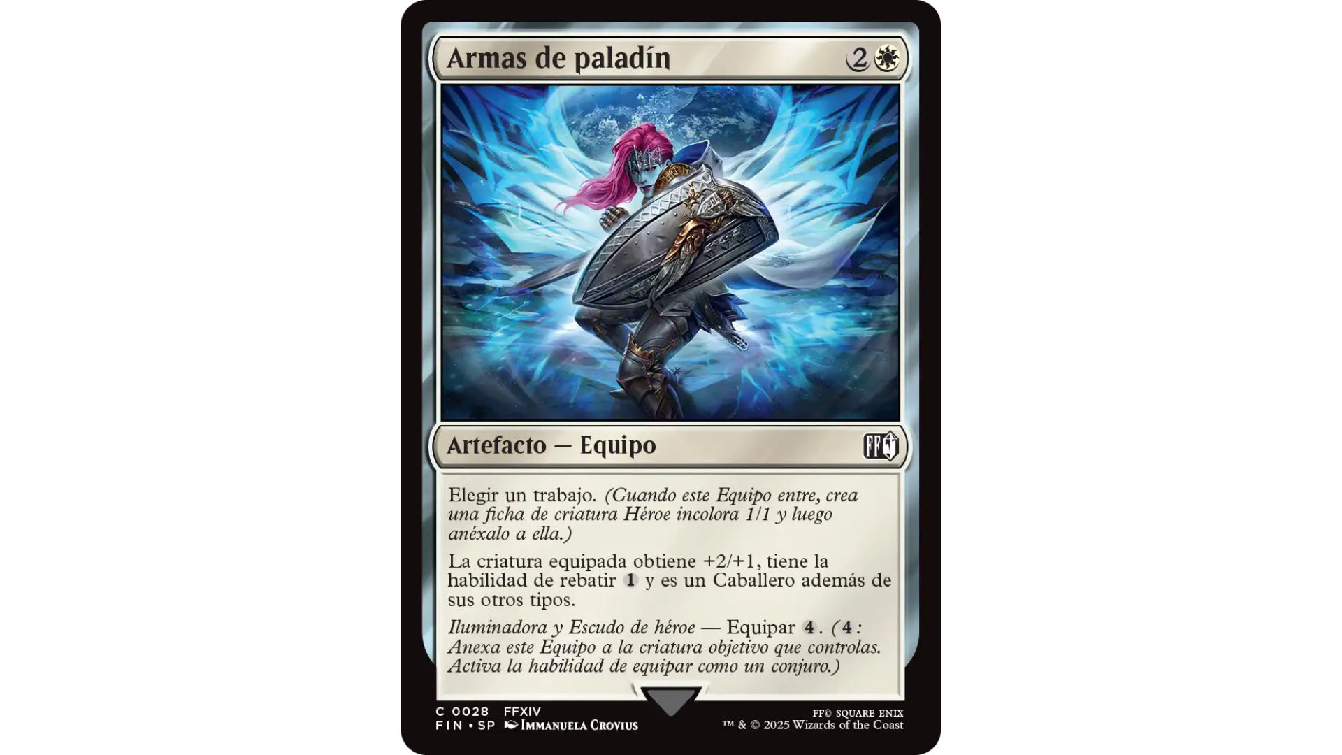 Carta Armas de paladín de Magic: The Gathering Final Fantasy. La ilustración muestra a un paladín de Final Fantasy XIV con armadura, espada y un gran escudo, rodeado de energía azul. La carta es un artefacto de equipo que aumenta las estadísticas de una criatura, le da la habilidad de rebatir y la convierte en Caballero.