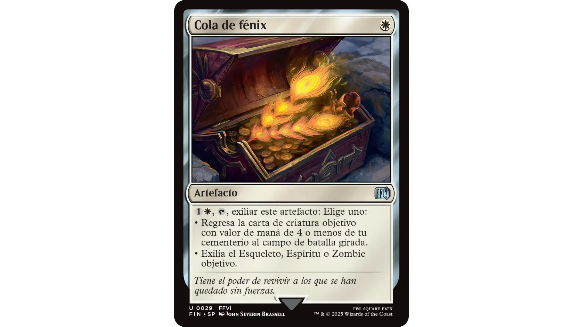 Carta «Cola de fénix» de Magic: The Gathering Final Fantasy, con una cola de fénix resplandeciente dentro de un cofre lleno de monedas.