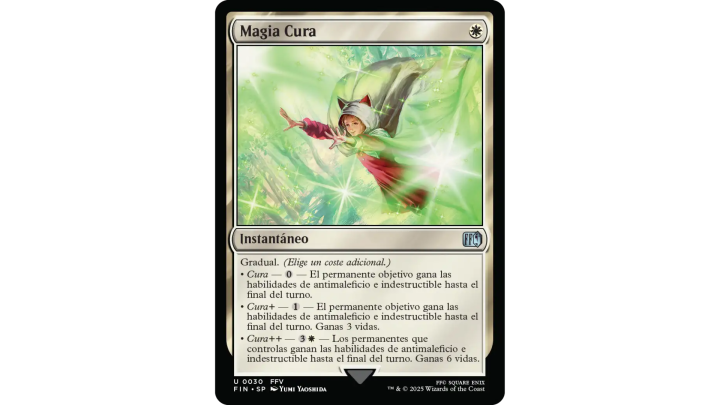 Carta «Magia Cura» de Magic: The Gathering Final Fantasy, con un personaje lanzando un hechizo de curación rodeado de energía verde y luminosa.