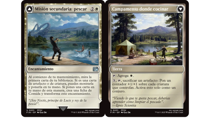 Carta «Misión secundaria: pescar» de Magic: The Gathering Final Fantasy, con Noctis pescando en un lago y su transformación en «Campamento donde cocinar», mostrando a Noctis preparando comida junto al lago.