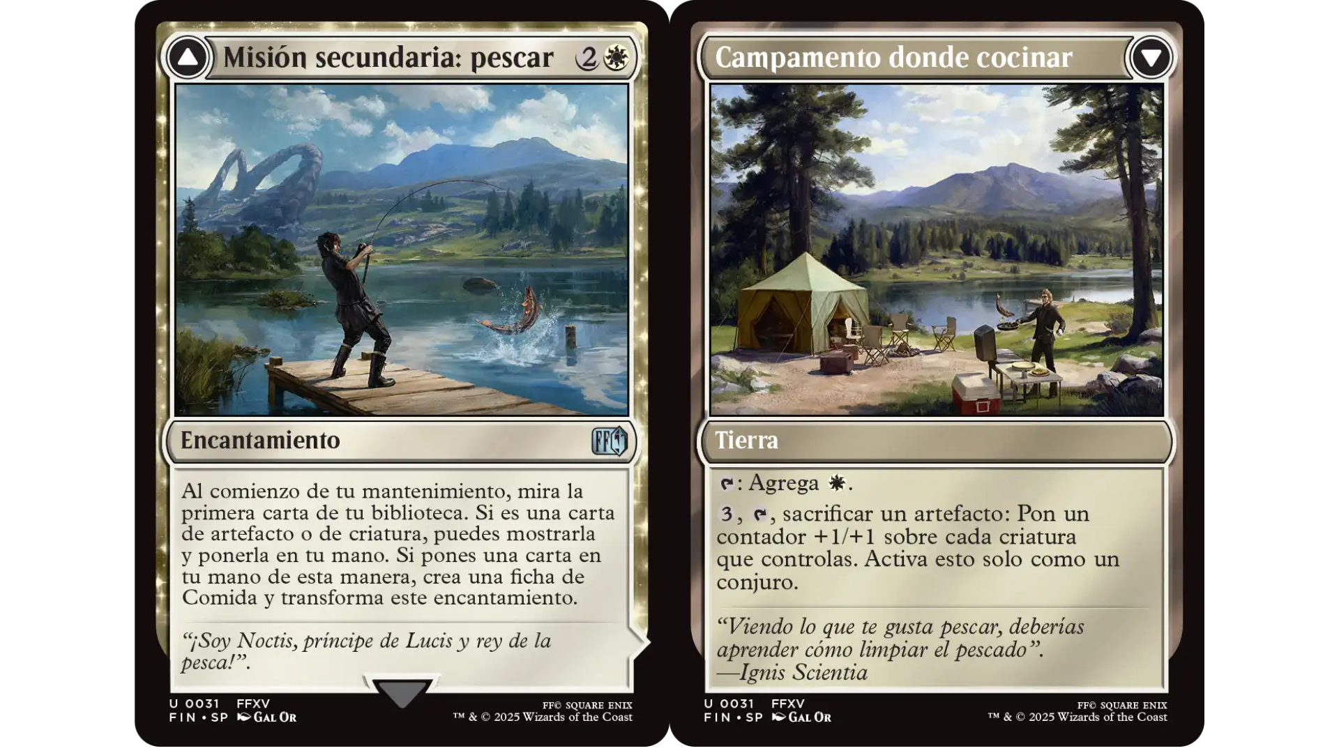 Carta «Misión secundaria: pescar» de Magic: The Gathering Final Fantasy, con Noctis pescando en un lago y su transformación en «Campamento donde cocinar», mostrando a Noctis preparando comida junto al lago.