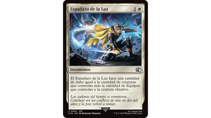 Carta «Espadazo de la Luz» de Magic: The Gathering Final Fantasy, con un guerrero armado con una espada luminosa enfrentándose a un enemigo en medio de una batalla mágica.