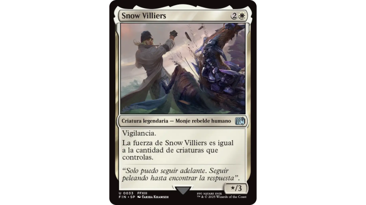 Carta «Snow Villiers» #033 de Magic: The Gathering Final Fantasy, con Snow luchando contra un monstruo en un paisaje helado de Final Fantasy XIII.