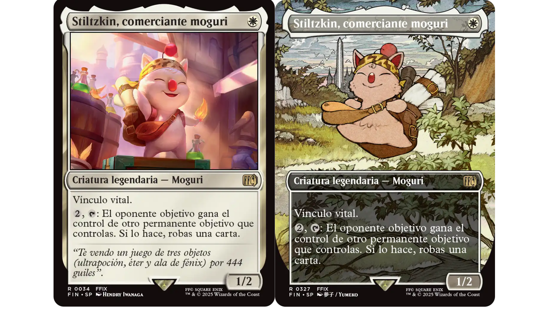 Carta «Stiltzkin, comerciante moguri» #034 de Magic: The Gathering Final Fantasy IX, mostrando al simpático moguri con su mochila y sus objetos de comercio en dos ilustraciones diferentes.